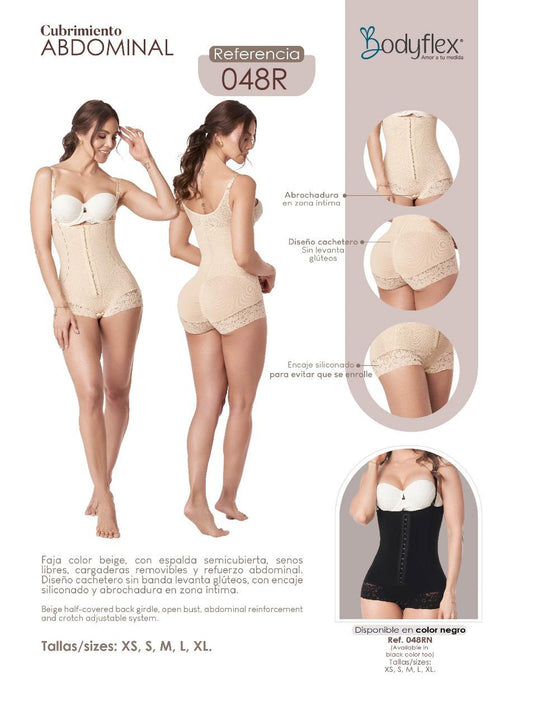 Body shaper advertisement with a woman wearing it, showing different angles and features.